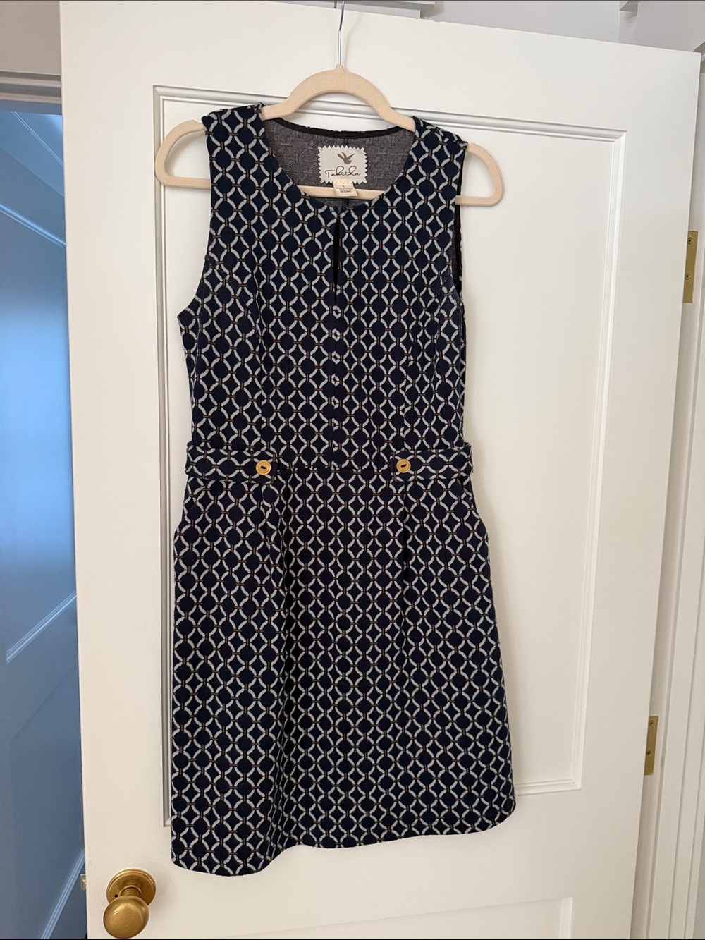 Anthropologie Tabitha Navy and White Geometric Sleeveless Dress, Size 8